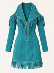 Blue fringed cold shoulder mini dress laid flat showing zip front and fringe
