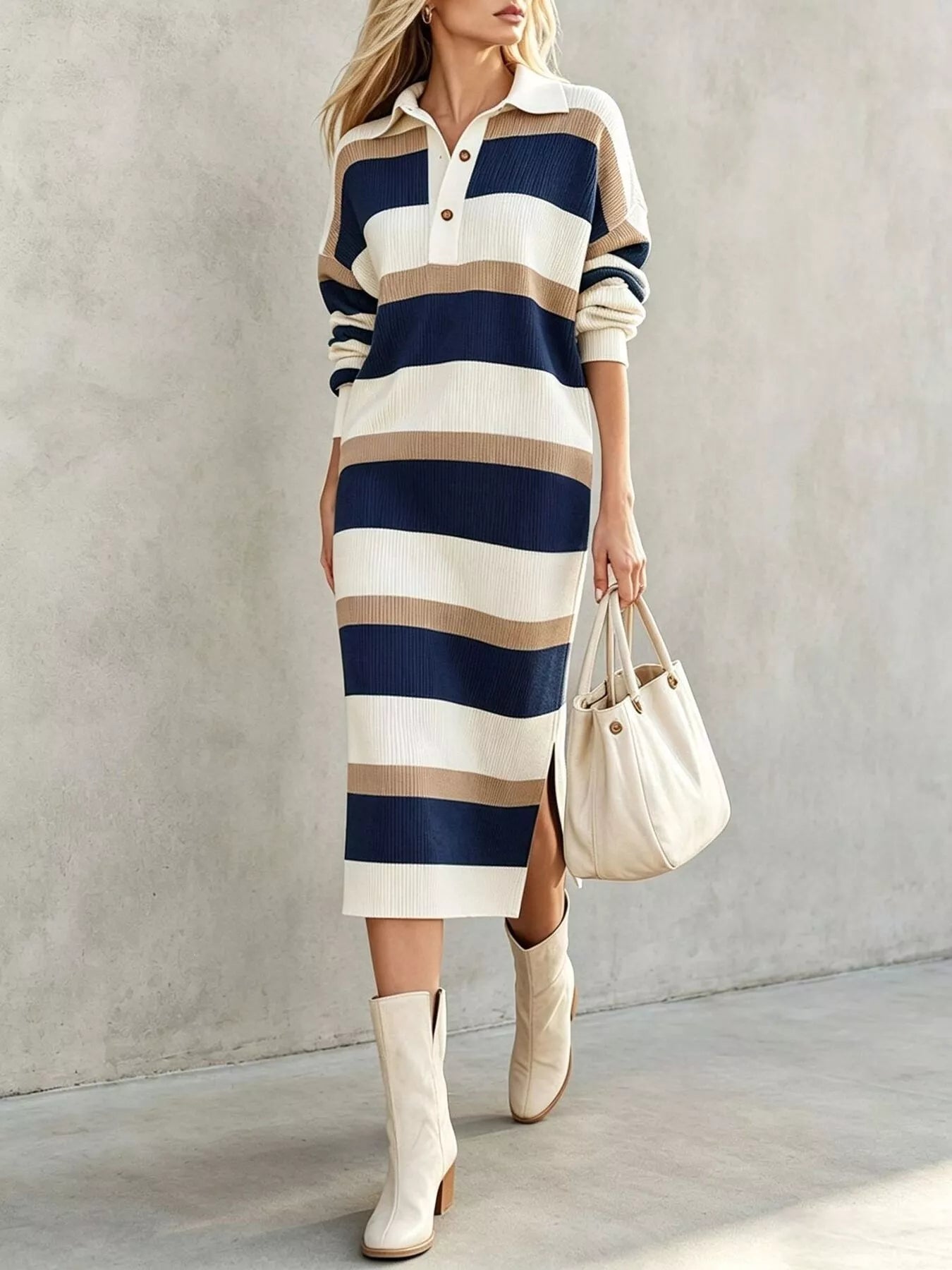 Front view of navy striped polo collar long sleeve sweater dress with side slit