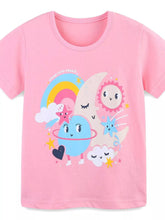 Flat lay front view of blush pink children's t-shirt with sleepover moon rainbow and planet graphic