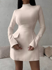 Dust Storm mock neck long sleeve bodycon dress worn on model, front view indoors