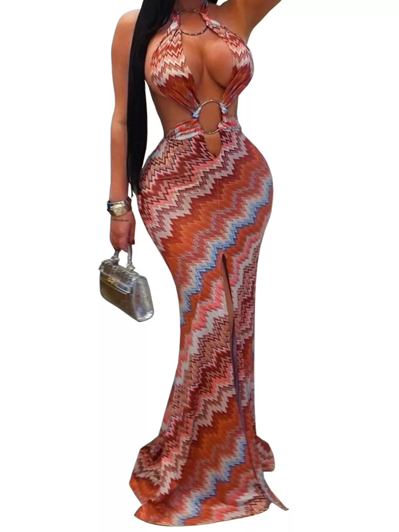 Rust chevron halter maxi dress with waist cutout and front slit against white background