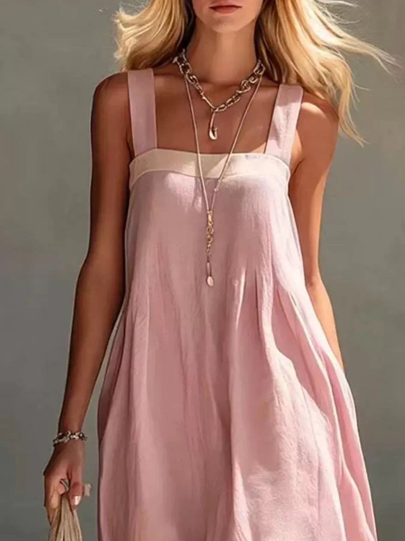 Close front bodice view on model of light pink color block sleeveless linen blend dress