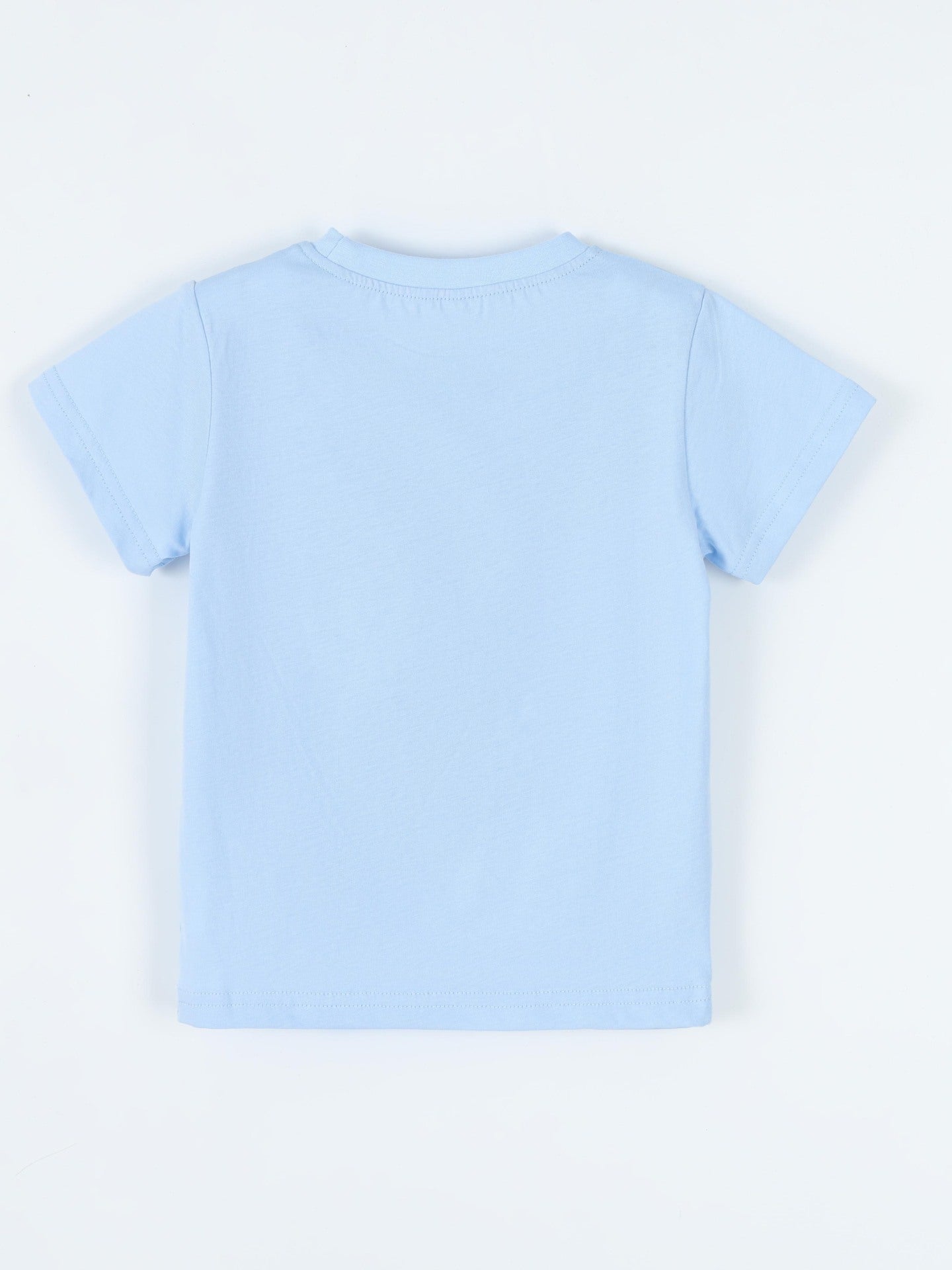 Flat lay back view of the plain children's sky blue short sleeve t-shirt