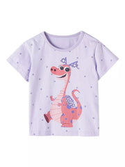 Front view of a lavender children's short sleeve t shirt with a pink spotted dinosaur and polka dots