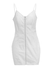 White zip front bodycon mini dress laid flat, front view with V neckline and ring zip pull