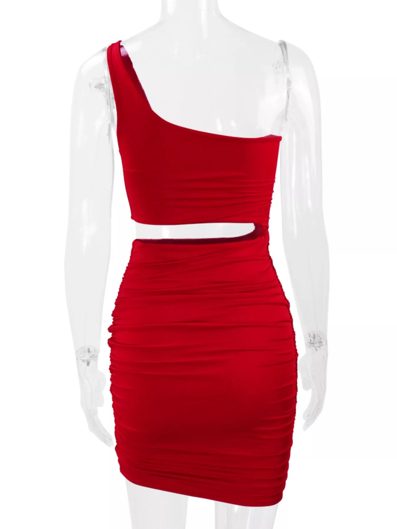 Back view of red one shoulder cutout ruched bodycon mini dress on a clear mannequin