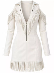Front flat view of white fringed cold shoulder mini dress with fringed hem