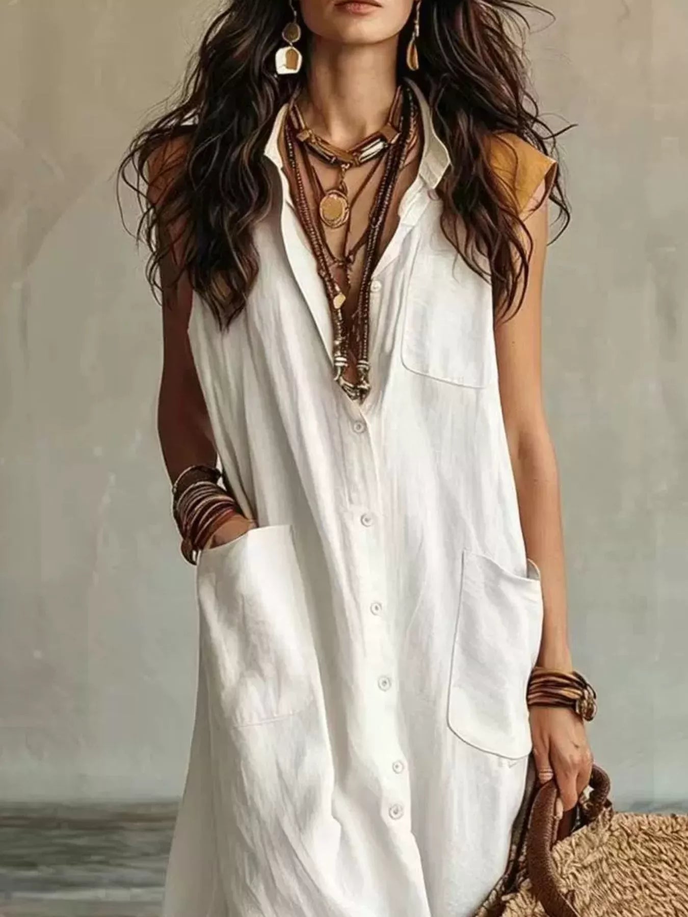 Close view of white sleeveless button down linen maxi dress showing buttons and large pockets