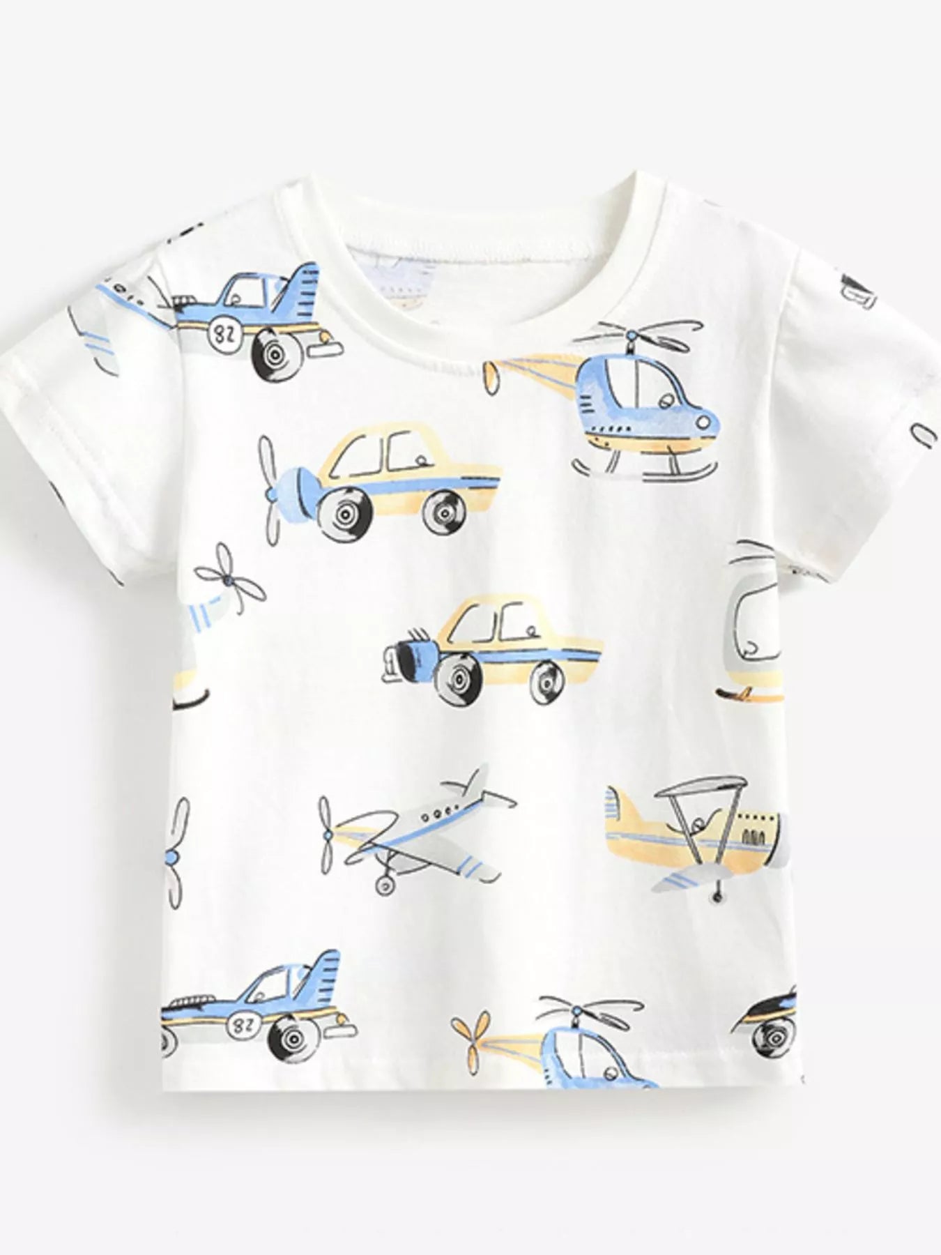 Front flat view of the white children's t-shirt with an all-over vehicle print