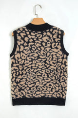 Back view of leopard print knit vest on a hanger, with black ribbed trim.