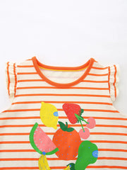 Close front view of a striped children's ruffle top with bright fruit illustrations and orange trim