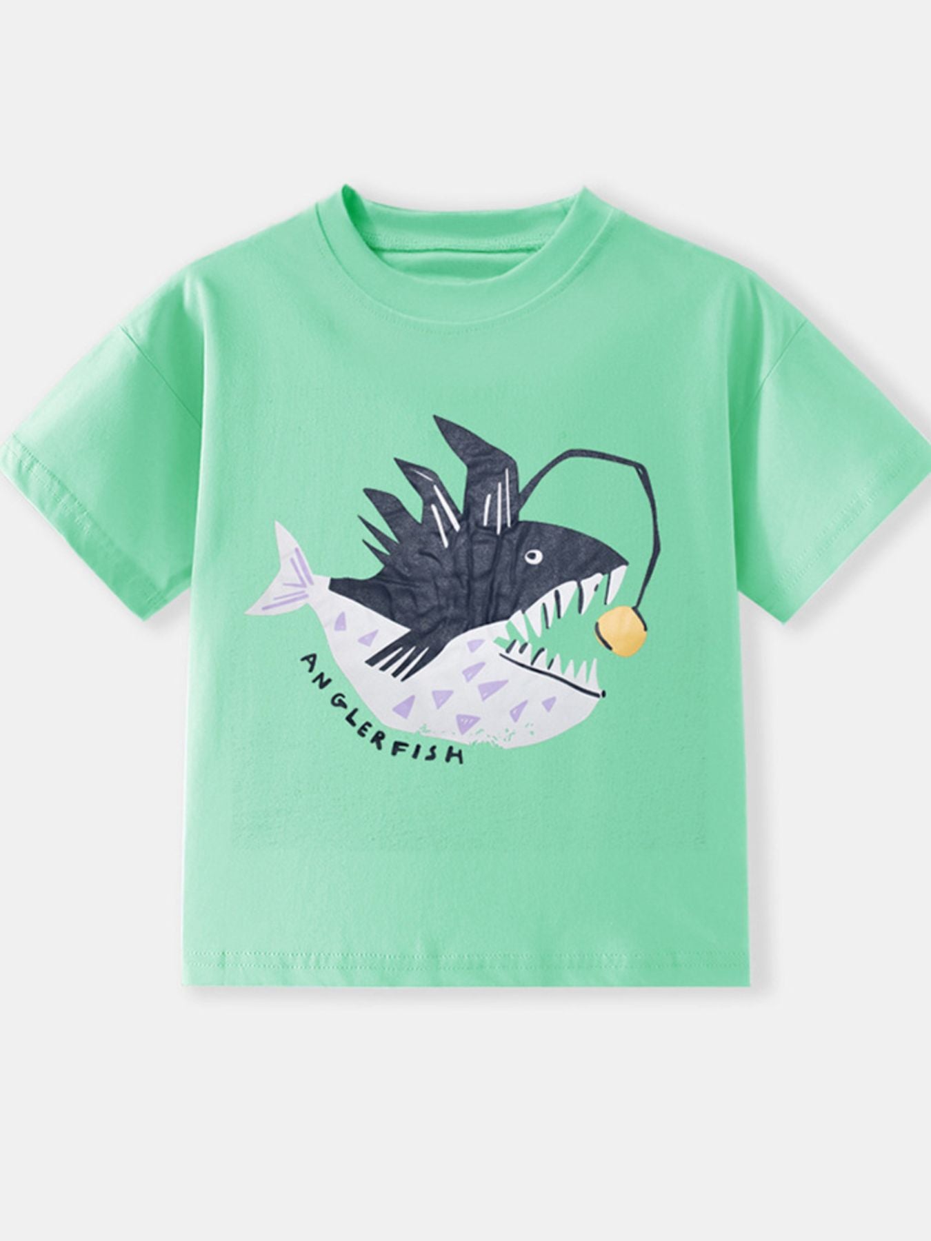 Flat lay front view of children's neon green t-shirt with anglerfish graphic and lettering