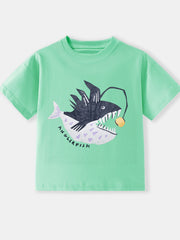 Flat lay front view of children's neon green t-shirt with anglerfish graphic and lettering