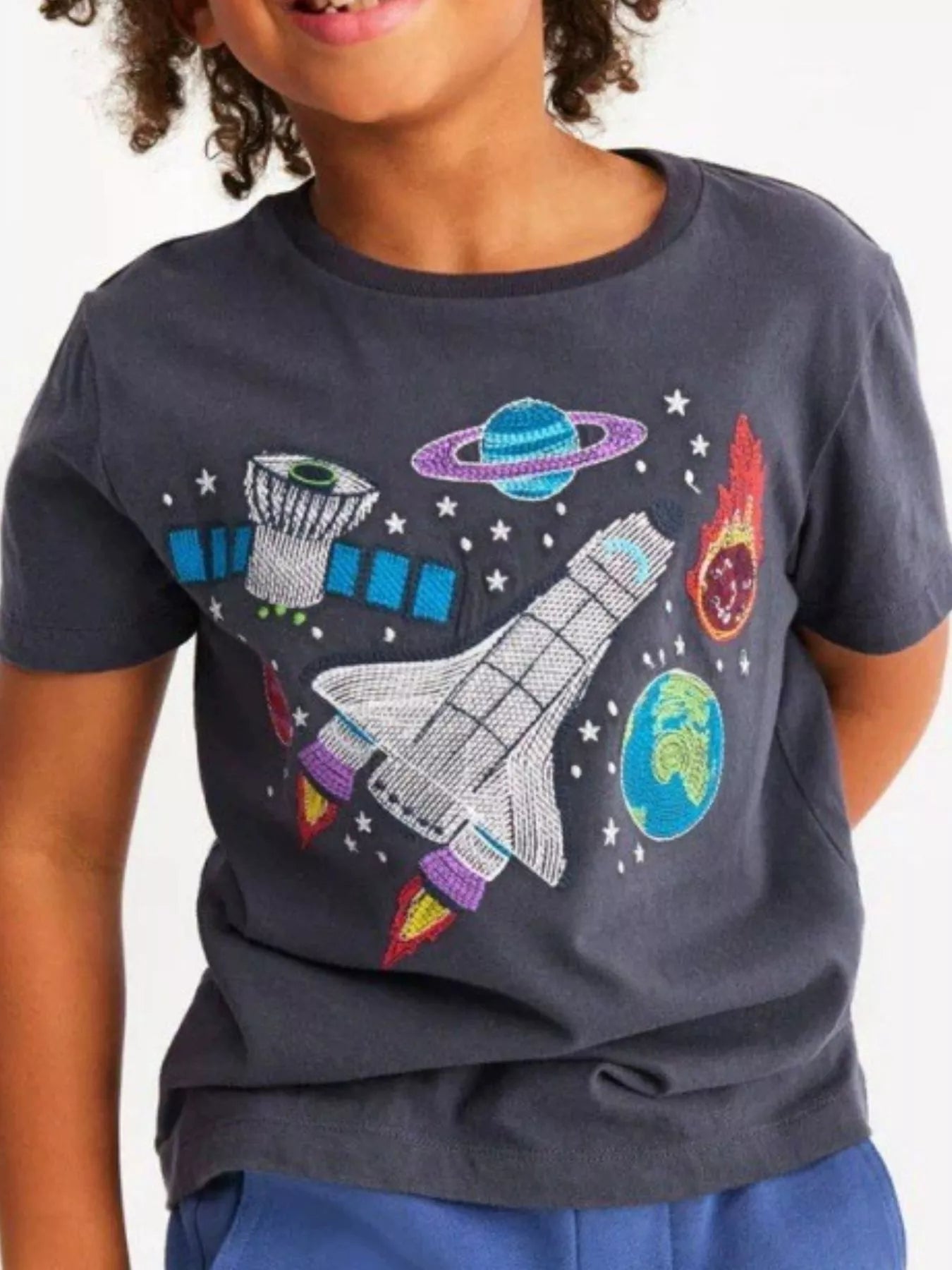 Children's graphite round-neck T-shirt featuring a Space Adventure design.