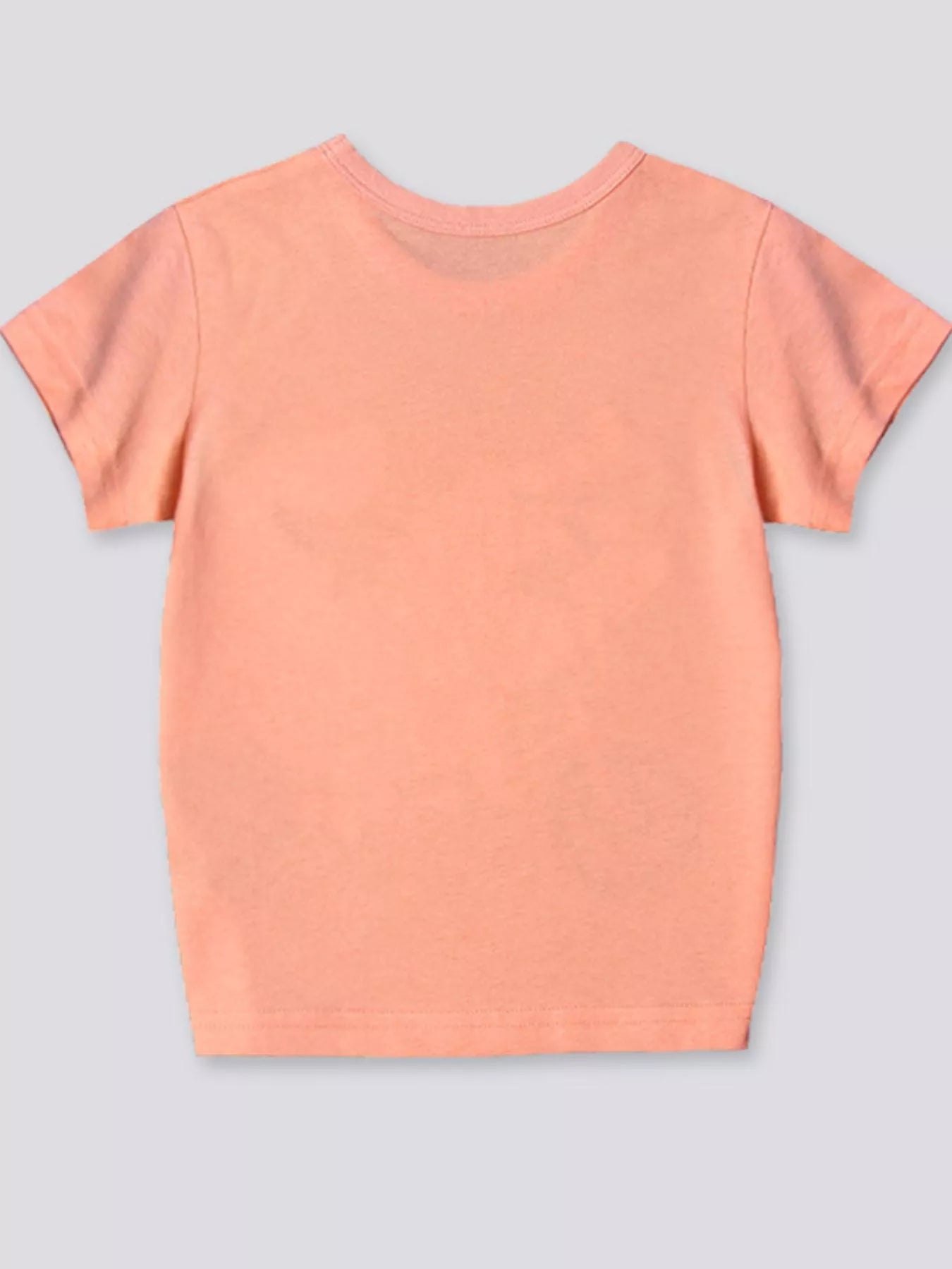 Back view of the plain pink children's short sleeve T-shirt laid flat