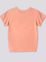 Back view of the plain pink children's short sleeve T-shirt laid flat