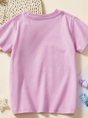 Plain back view of a pink children's short sleeve tee laid flat with no graphic