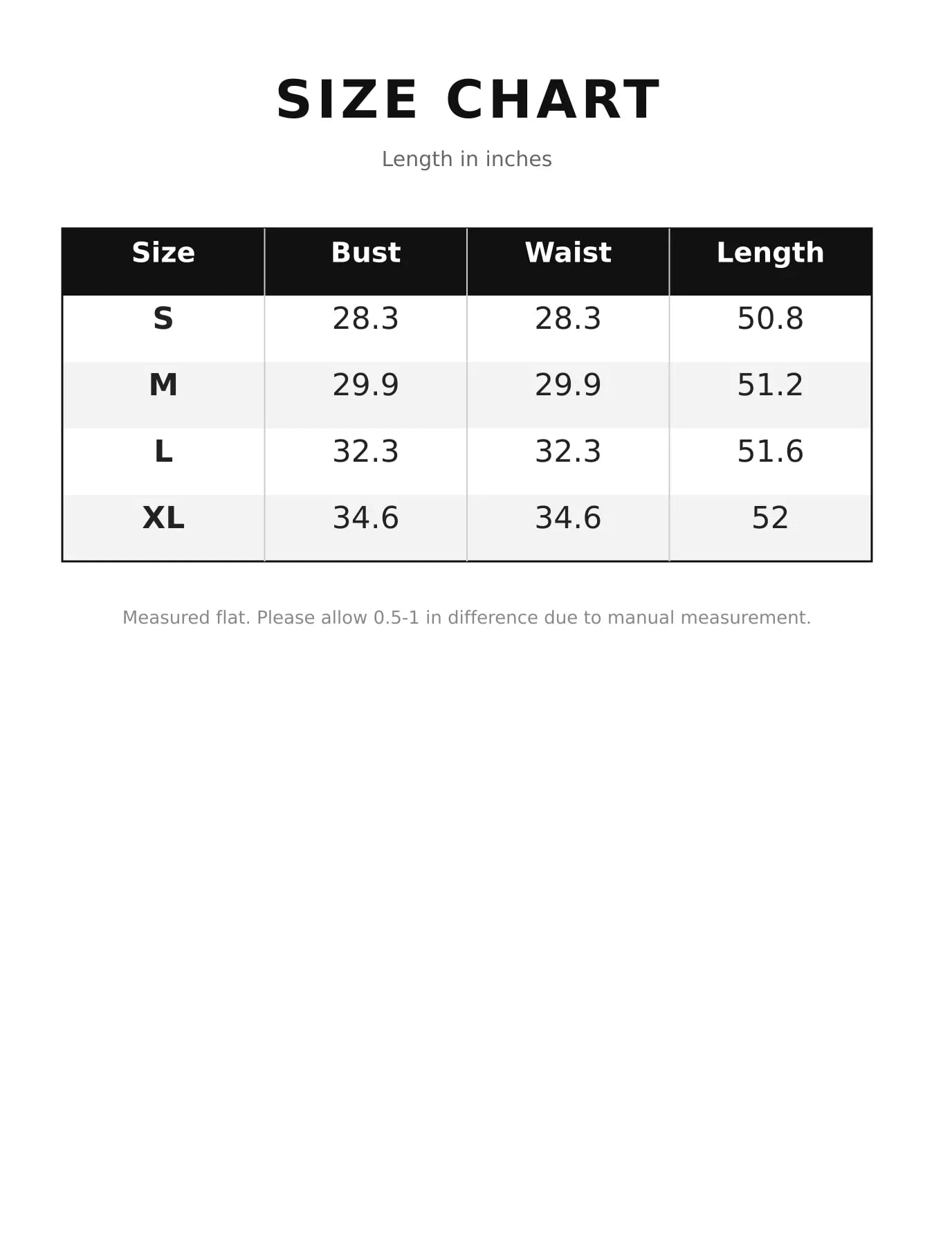 Size chart for strapless sequin corset maxi dress showing bust waist and length measurements