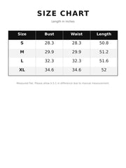 Size chart for strapless sequin corset maxi dress showing bust waist and length measurements