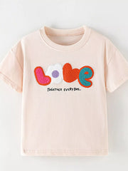 Front view of the watermelon pink children's t-shirt with colorful LOVE applique and small together every day text