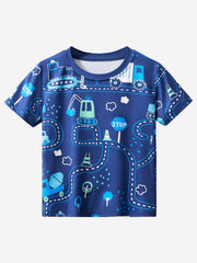 Flat lay front view of children's dark blue tee with road, excavator and stop sign print