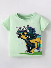 Front view of light green children's short sleeve tee with sequin dinosaur graphic