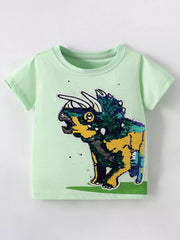Front view of light green children's short sleeve tee with sequin dinosaur graphic