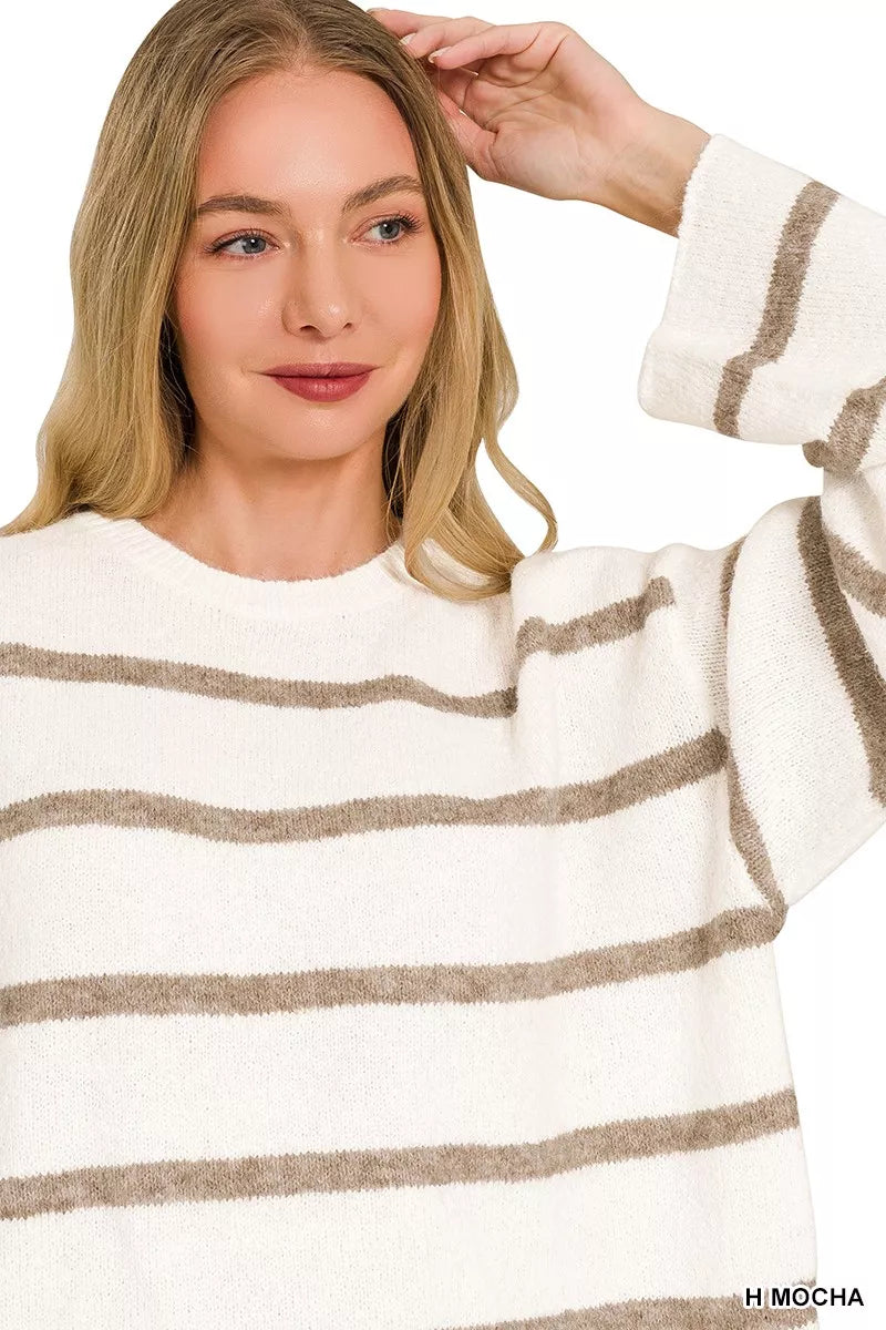 Close up of cream and mocha striped knit sweater with round neckline.