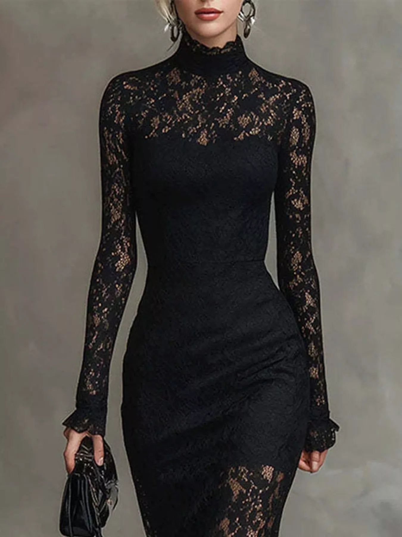 Close front view of the black lace mock neck mermaid midi dress bodice and sheer sleeves