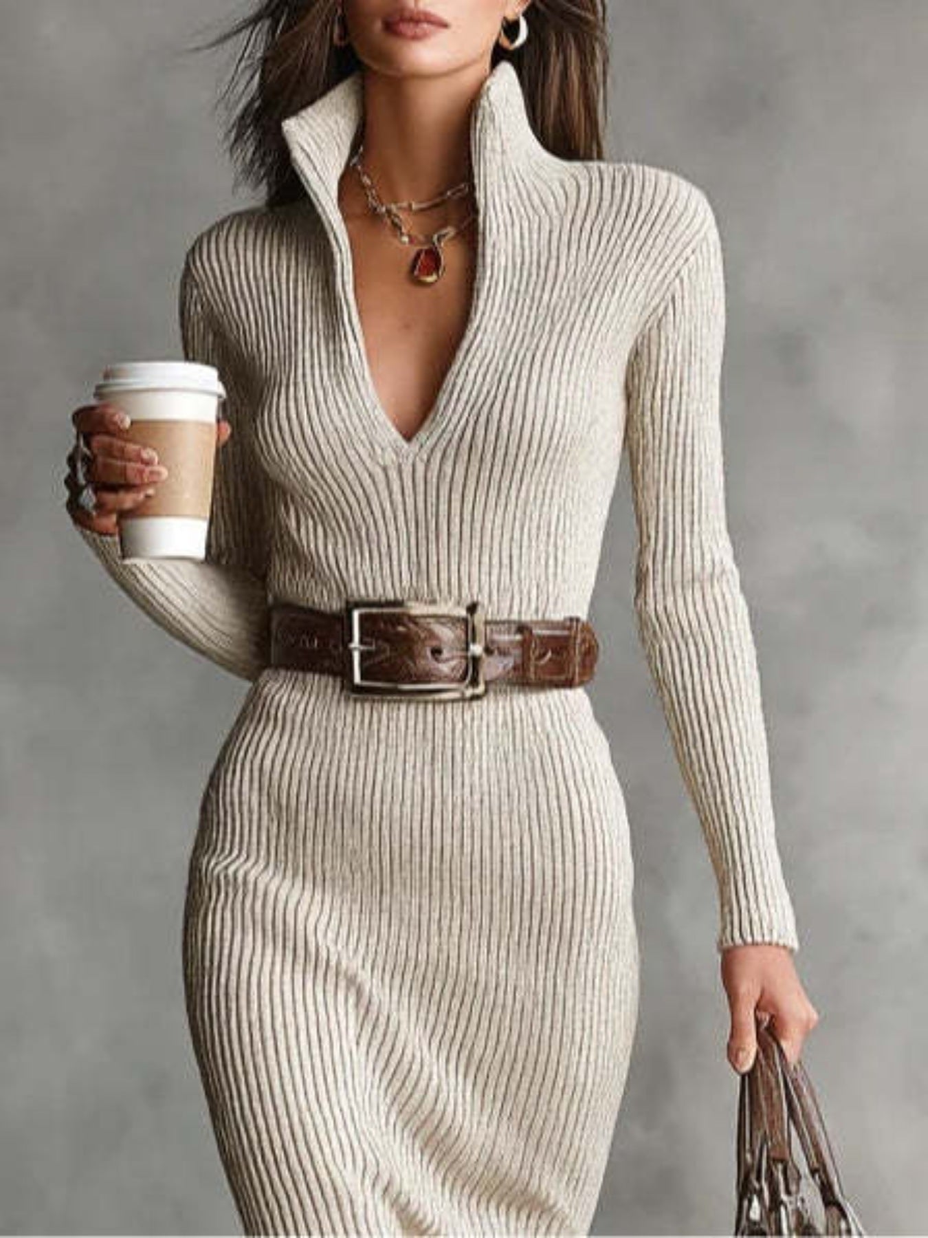 Close front view of a beige ribbed knit turtleneck bodycon sweater dress with a belt
