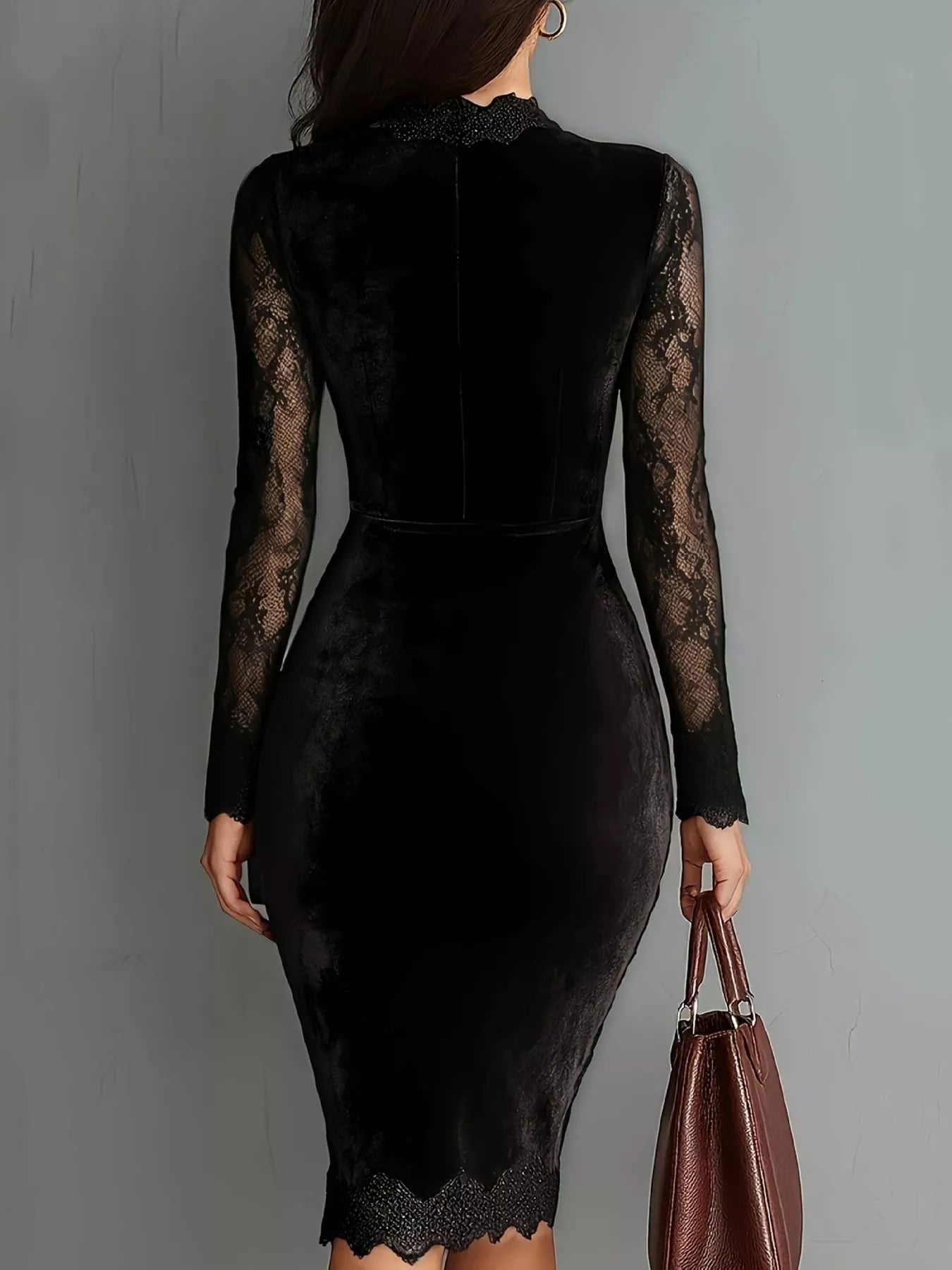Back view of a black long sleeve velvet lace bodycon dress with lace sleeves