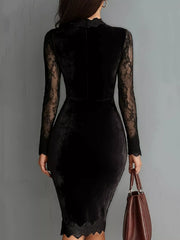 Back view of a black long sleeve velvet lace bodycon dress with lace sleeves