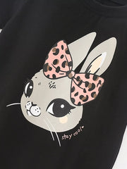 Close view of the gray bunny face graphic with pink leopard bow and small stay cool lettering