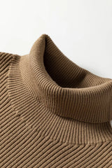Close up of the folded mocha ribbed mock neck and knit texture