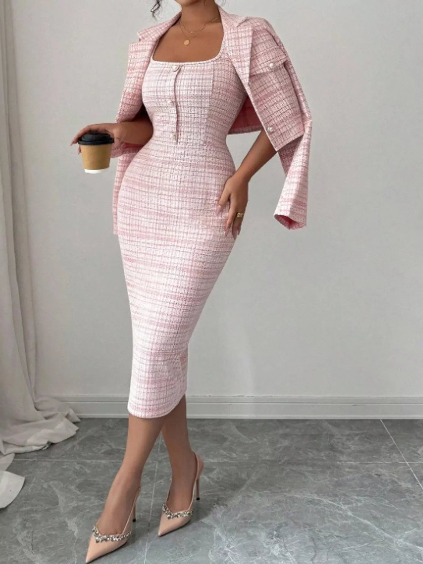 Pink tweed square neck dress worn with the cropped cardigan draped over the shoulders
