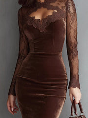 Front view of the upper bodice and lace sleeves of a coffee velvet bodycon dress