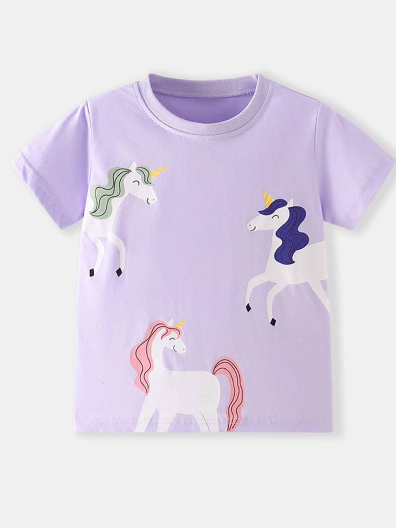Flat front view of the light purple children's T-shirt with three white unicorn graphics