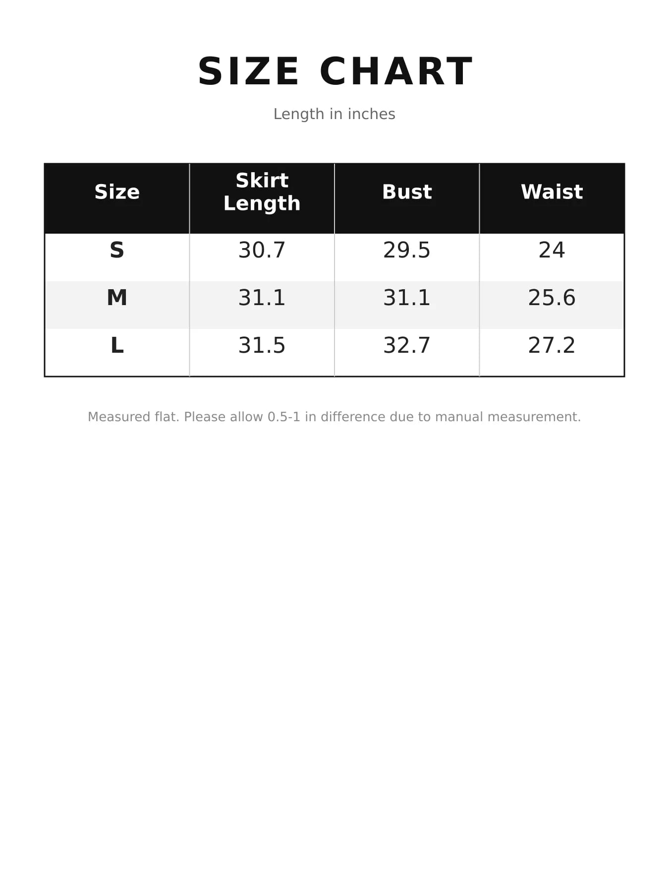 Size chart table for the backless rhinestone bodycon mini dress, sizes S to L