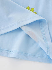 Close-up detail of the light blue hem stitching and inner seam on children's farm T-shirt