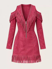 Hot pink fringed cold shoulder mini dress laid flat showing zip front and fringe