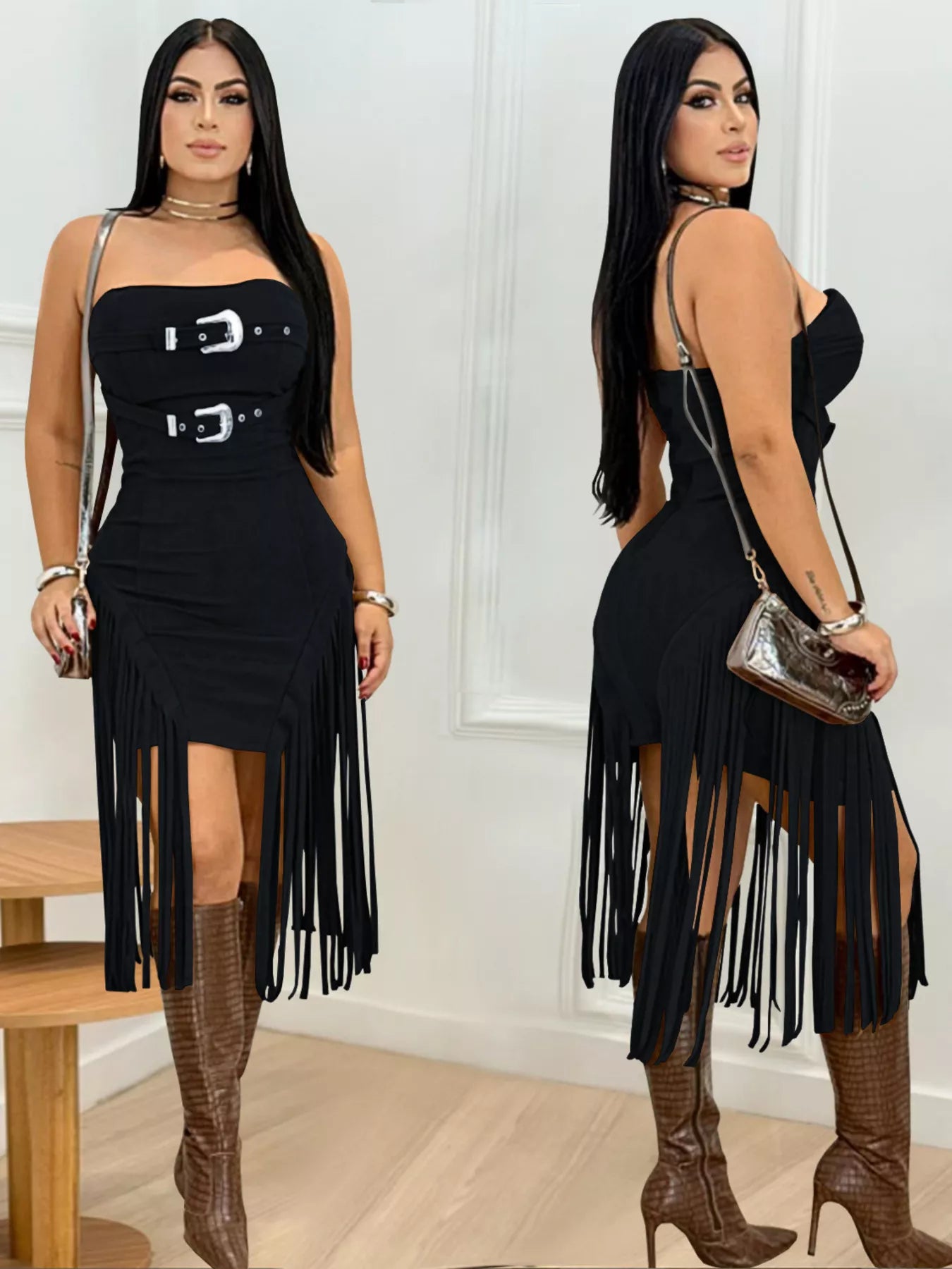 Black strapless bodycon dress with silver buckles and fringe hem, front and side views