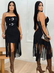 Black strapless bodycon dress with silver buckles and fringe hem, front and side views