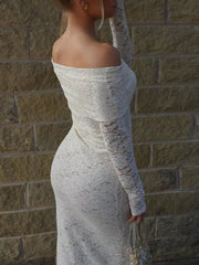 Side and back view of a white off shoulder lace maxi bodycon dress outdoors