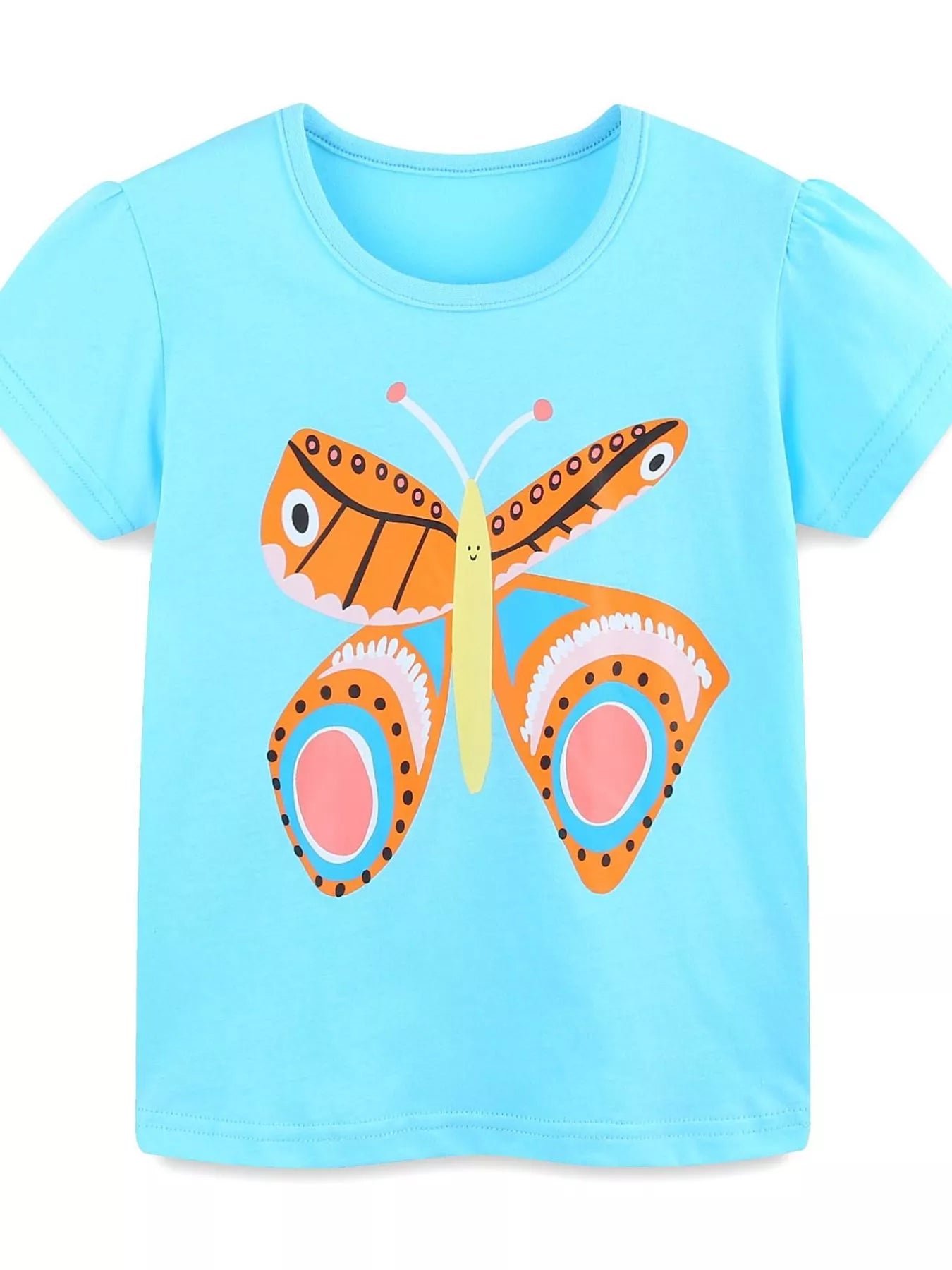 Pastel blue children's short sleeve t-shirt with a large orange butterfly graphic