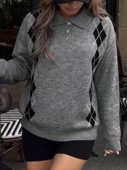 Front view of a gray polo sweater with black argyle side panels and three buttons