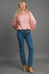 Umgee Wrinkled Round Neck Lantern Sleeve Blouse