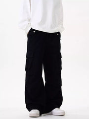 Men's black cotton cargo pants with a loose fit and pockets.