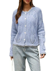 Light blue hollow out knit cardigan with leaf pattern fully buttoned