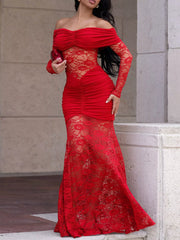 Red off shoulder ruched maxi dress with lace bodice and mermaid skirt, front view