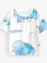 Flat front view of the white children's tee with light blue dinosaur prints